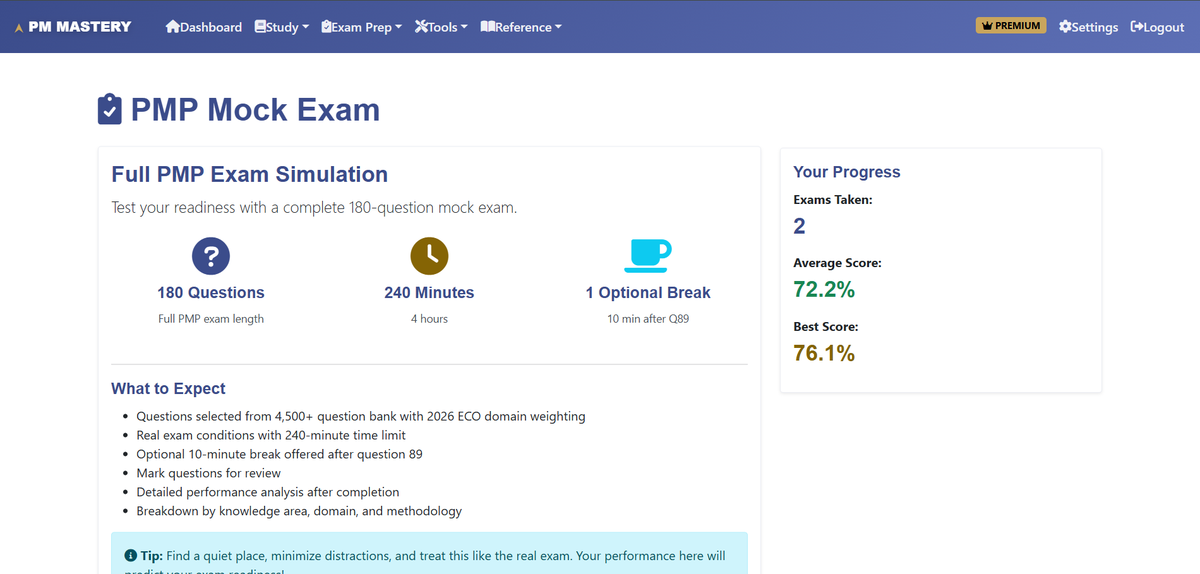 PM Mastery Mock Exam showing 180 questions, 240 minutes, with progress tracking