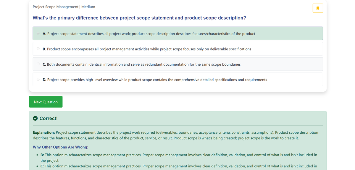 PMP practice question with detailed explanation showing correct answer reasoning and why other options are wrong