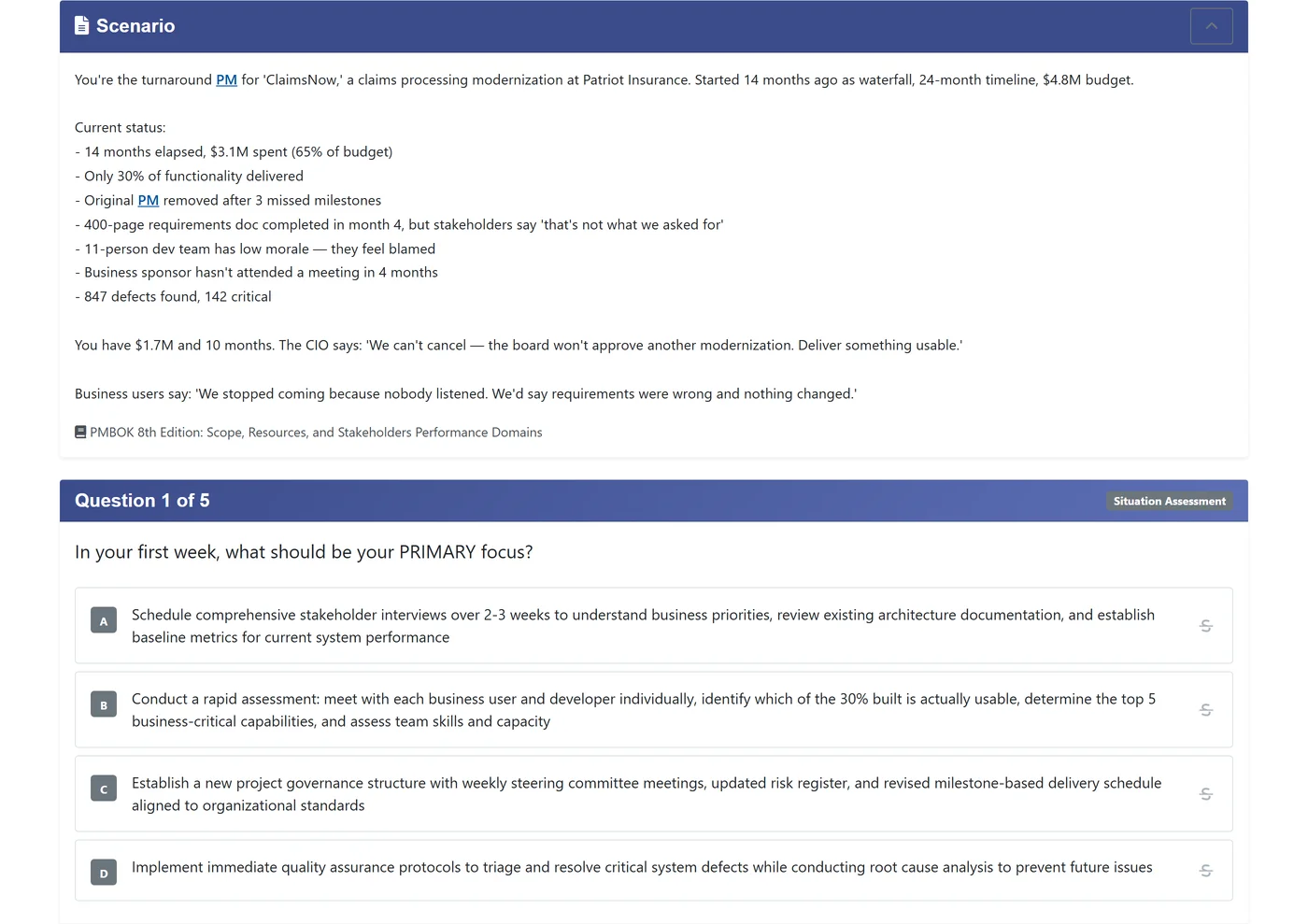 Case study scenario with its first multiple-choice question